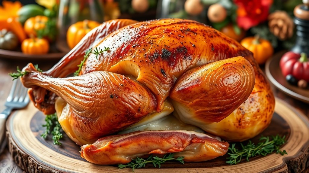 A golden-brown smoked turkey garnished with herbs on a rustic platter, surrounded by seasonal vegetables.