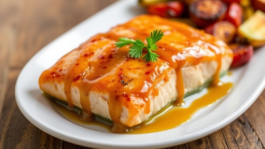 Honey mustard glazed salmon fillet on a plate with roasted vegetables and parsley garnish.