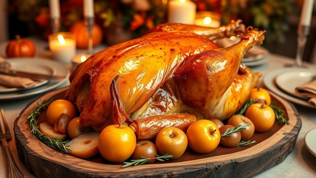 Roast goose with apples and onions on a wooden platter, garnished with herbs, set for a festive Thanksgiving dinner.