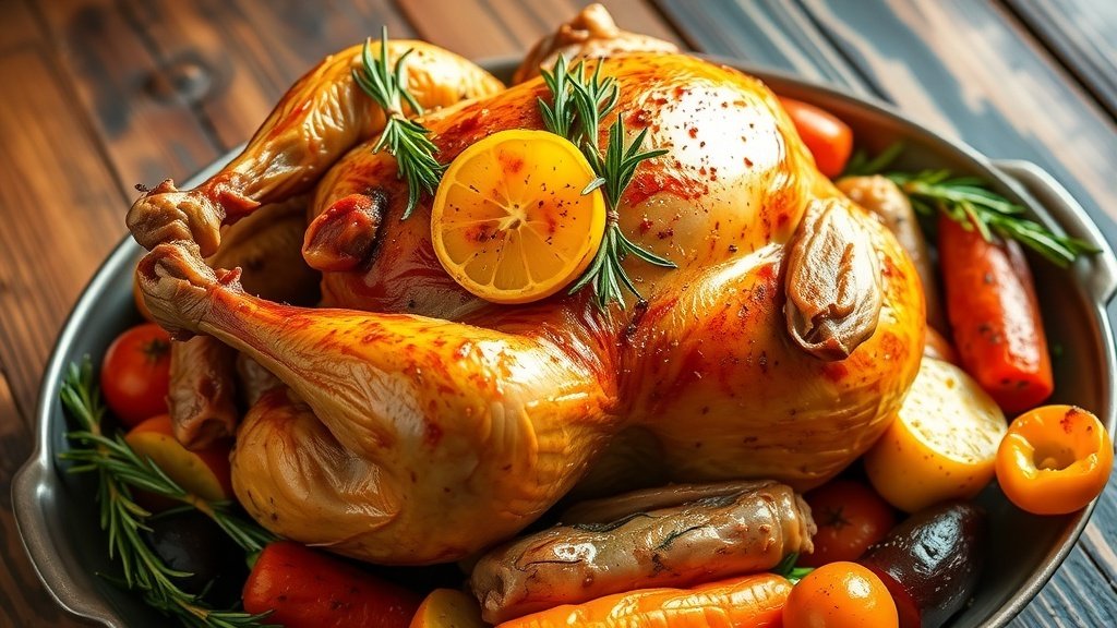 Roasted Cornish hen with rosemary on a wooden table, garnished with vegetables.