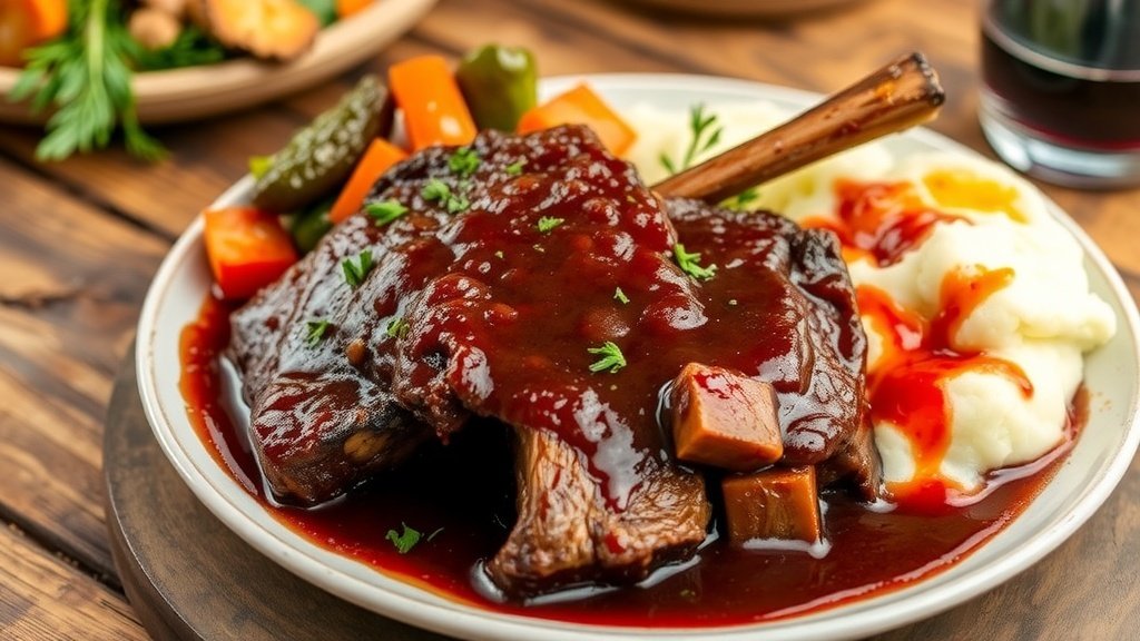 Tender slow-cooked short ribs in red wine sauce, served with mashed potatoes and vegetables on a rustic table.