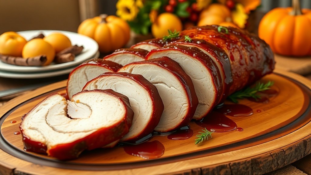 Sliced maple bourbon glazed pork tenderloin on a wooden platter, garnished with herbs, set on a Thanksgiving table.