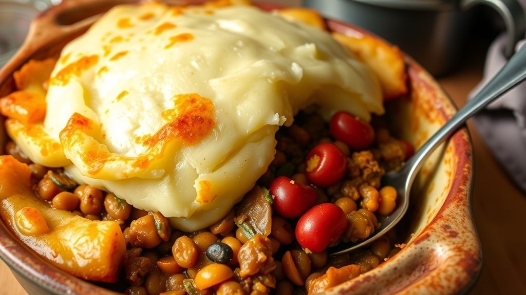 Vegetarian Lentil Shepherd’s Pie with golden mashed potatoes and a colorful lentil filling, served in a rustic dish.
