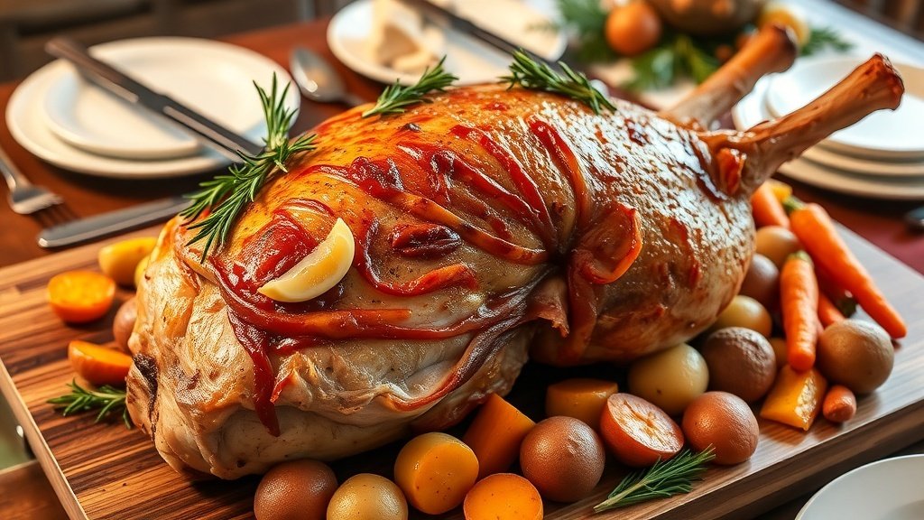 A roasted leg of lamb garnished with rosemary and garlic, served with colorful roasted vegetables on a rustic table.