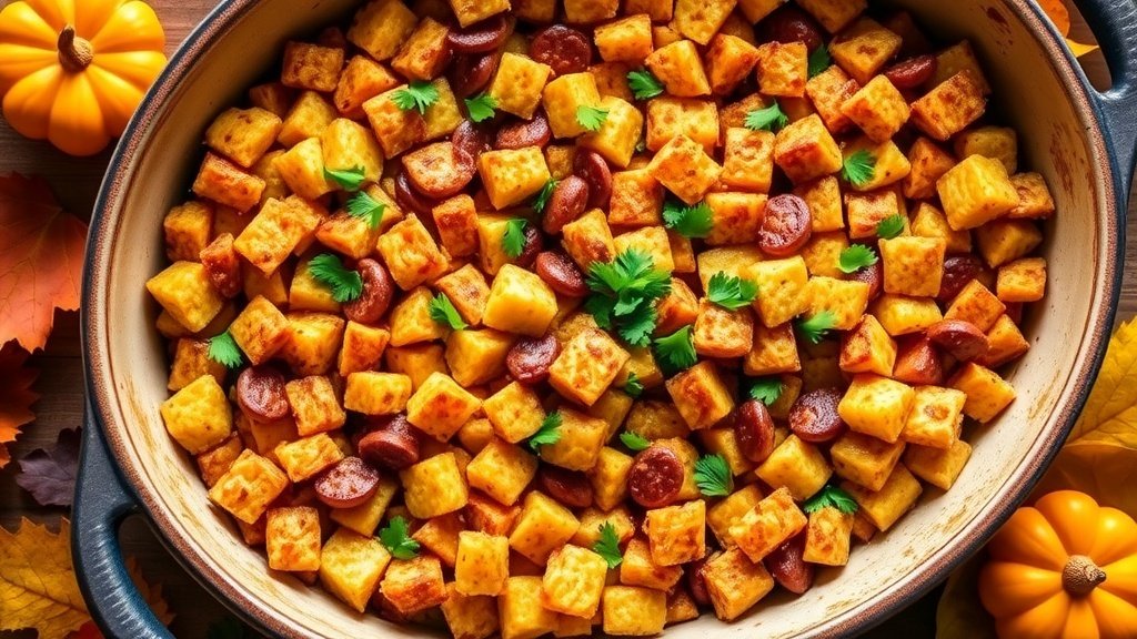 Cornbread and chorizo stuffing in a baking dish, garnished with parsley, set in a festive Thanksgiving setting.