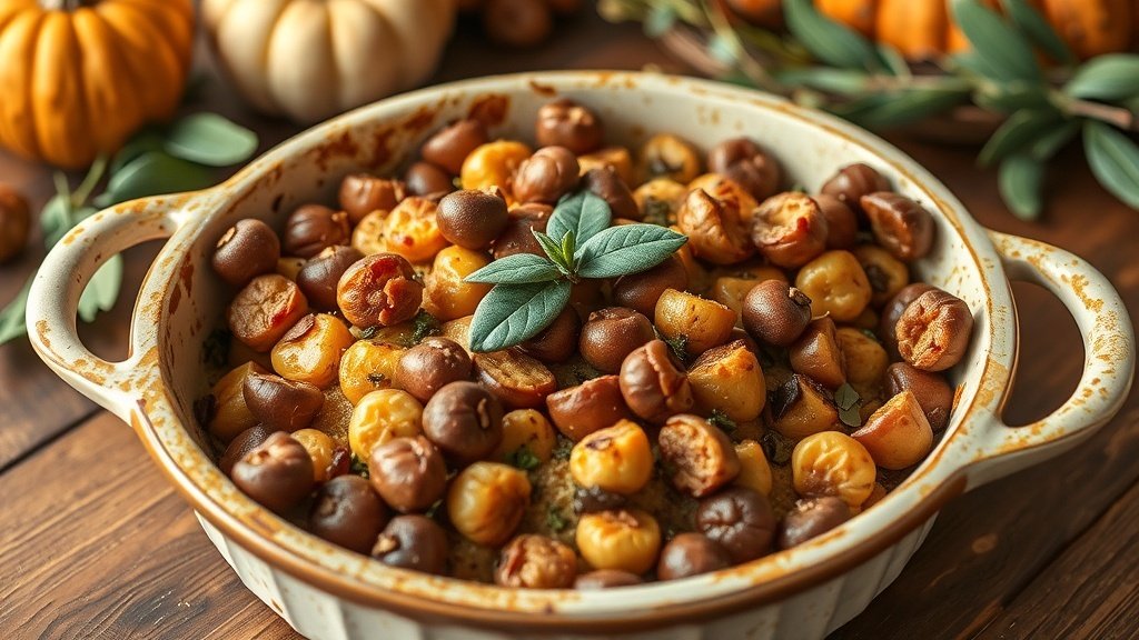 Chestnut and sage dressing in a baking dish, garnished with sage leaves, ready to serve for Thanksgiving.