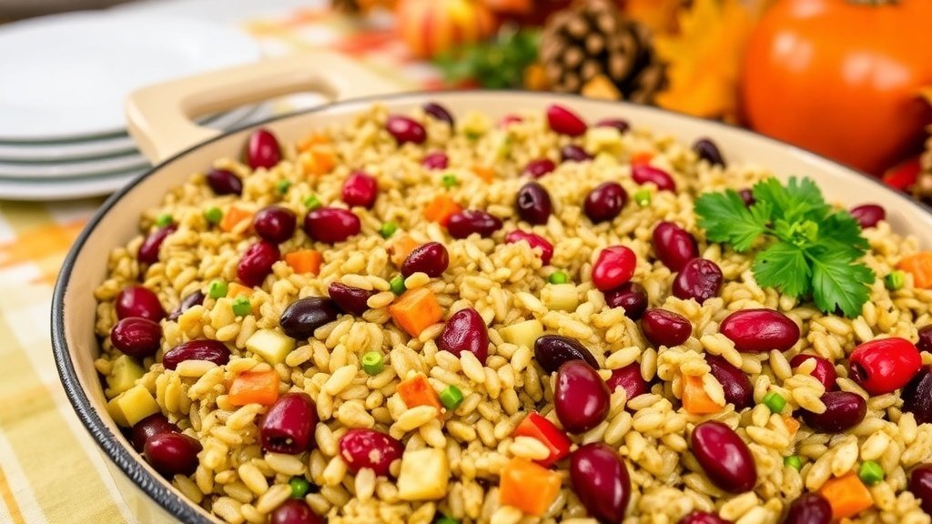 A serving of wild rice and cranberry stuffing in a baking dish, garnished with parsley, ready for Thanksgiving dinner.