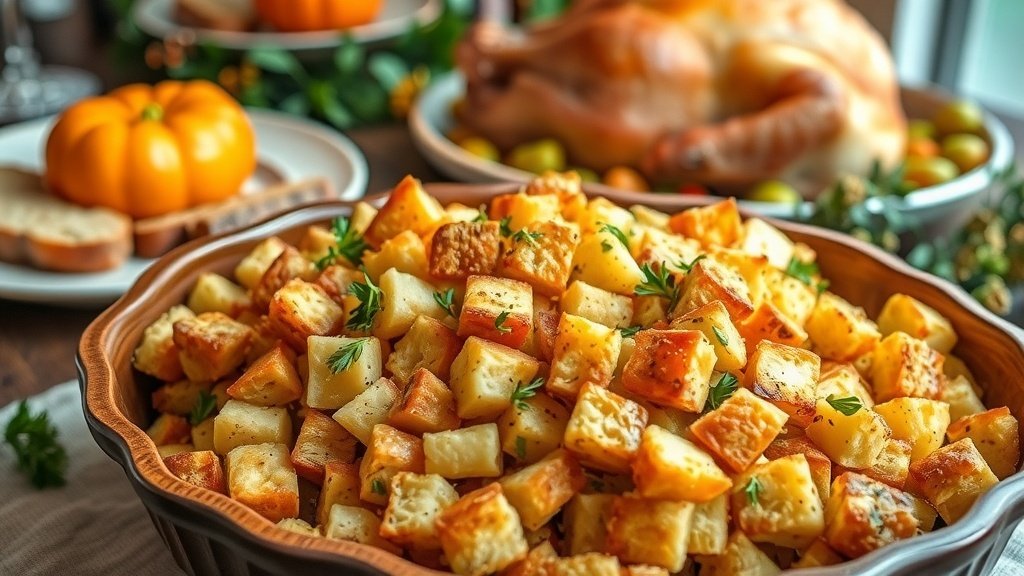 A golden-brown ciabatta bread stuffing with fennel and herbs in a rustic dish, garnished with parsley, on a Thanksgiving table.