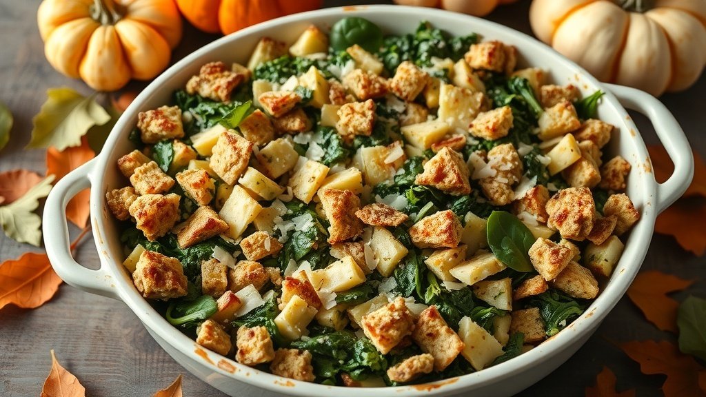 Baked spinach and artichoke stuffing in a rustic dish, garnished with cheese, on a wooden table with autumn decorations.
