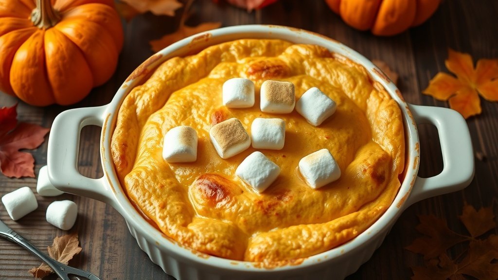 Golden brown sweet potato soufflé in a dish, topped with marshmallows, on a wooden table with autumn decorations.
