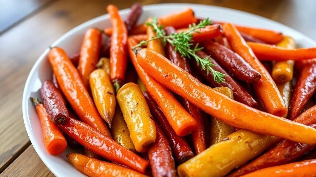 A colorful dish of maple roasted carrots and parsnips garnished with thyme on a rustic table.