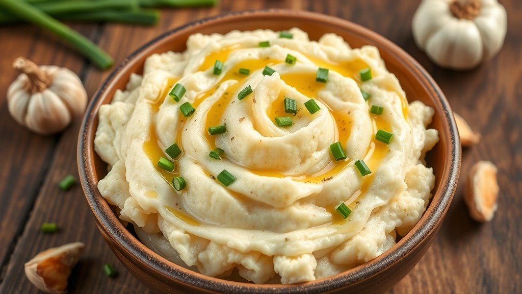 Creamy roasted garlic mashed cauliflower in a rustic bowl, garnished with chives, on a wooden table.
