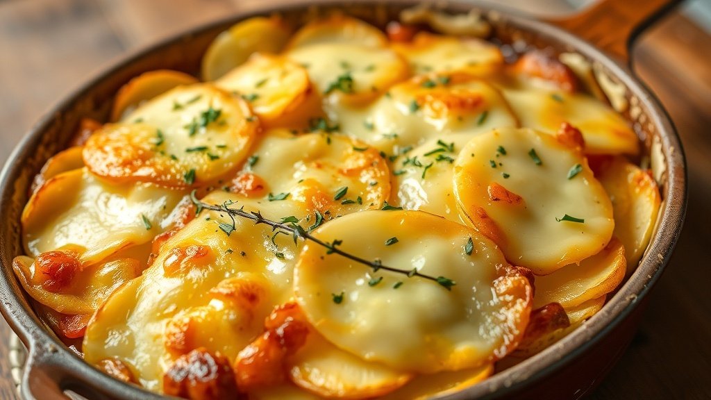 Golden potato gratin with Gruyère cheese, served in a rustic dish, garnished with herbs.