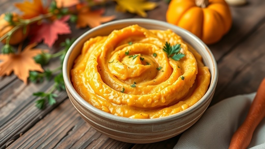 Creamy parsnip and carrot mash garnished with parsley in a rustic bowl on a wooden table.