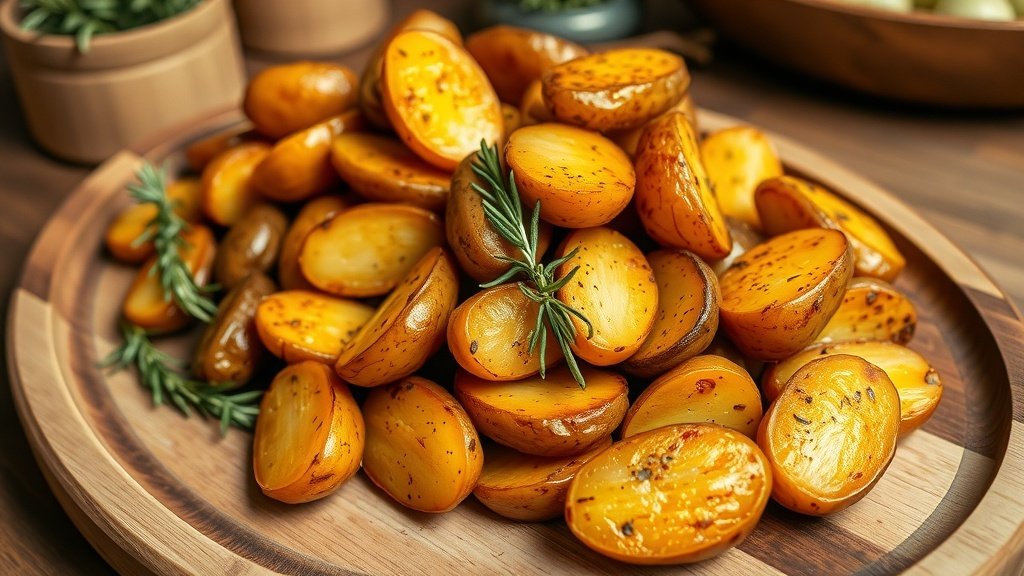 Golden roasted fingerling potatoes garnished with herbs on a wooden platter.