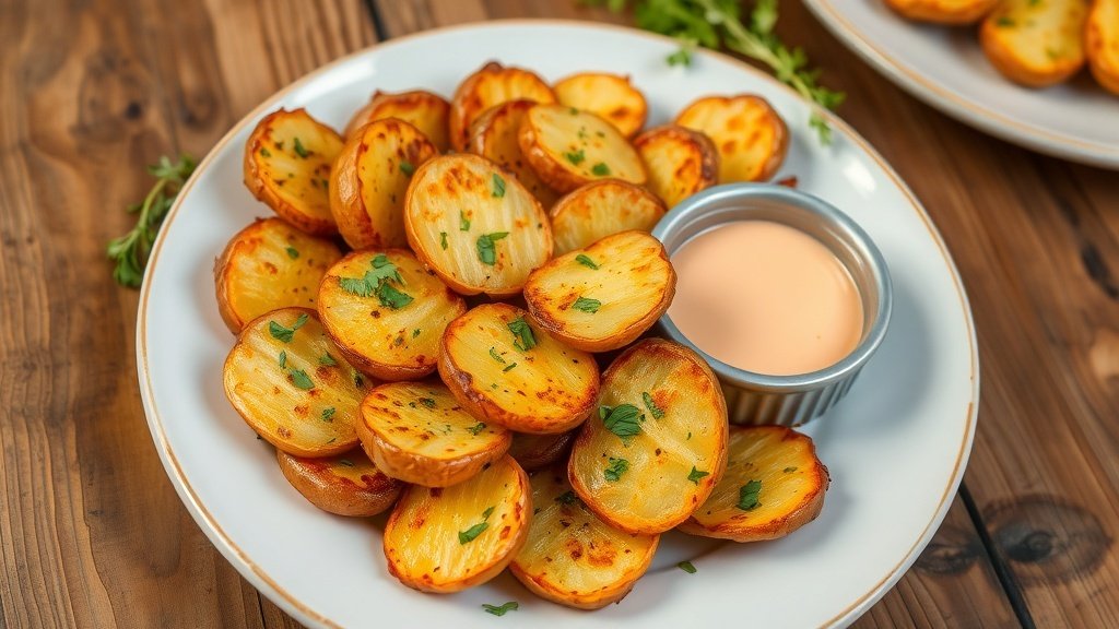 Crispy smashed potatoes garnished with herbs on a rustic plate.