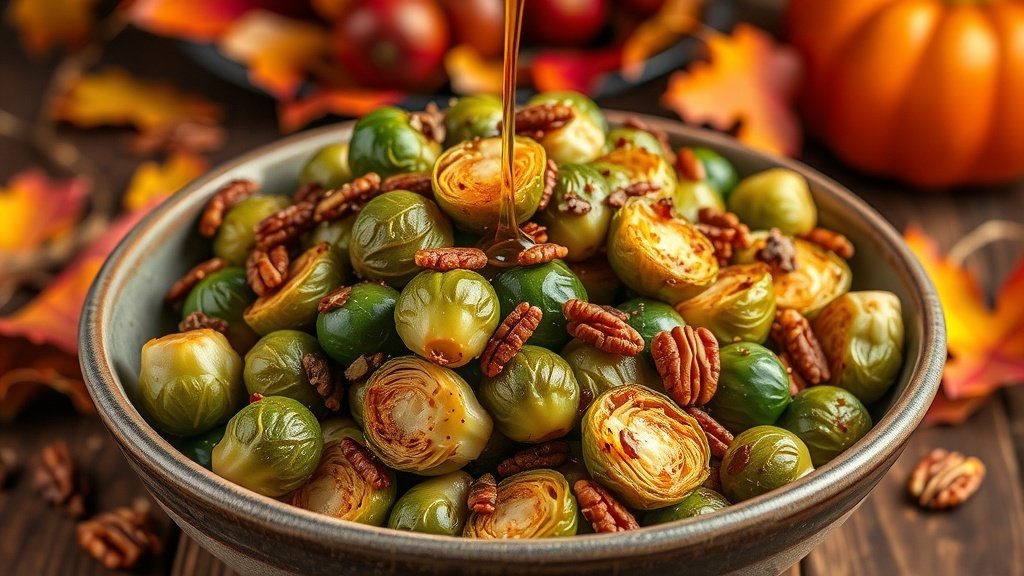 Roasted Brussels sprouts with maple syrup and pecans in a rustic bowl, set in a festive Thanksgiving setting.