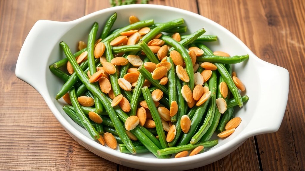 A serving of green beans almondine with toasted almonds and parsley in a white bowl on a rustic table.