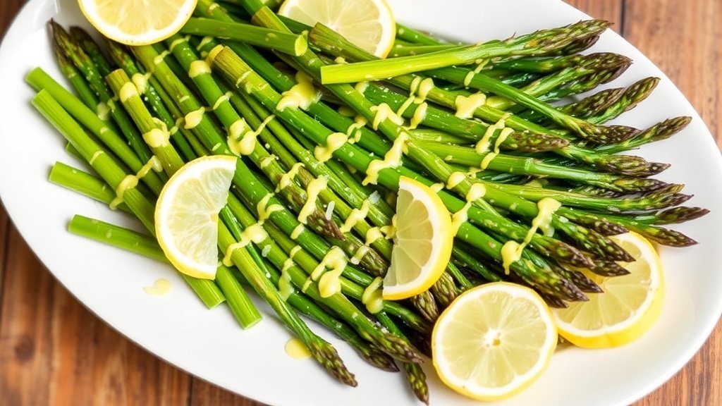 Roasted asparagus with lemon butter on a platter, garnished with lemon wedges.