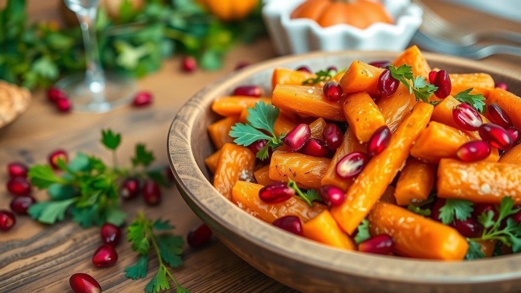 Caramelized carrot salad with pomegranate seeds and parsley in a rustic bowl on a wooden table.