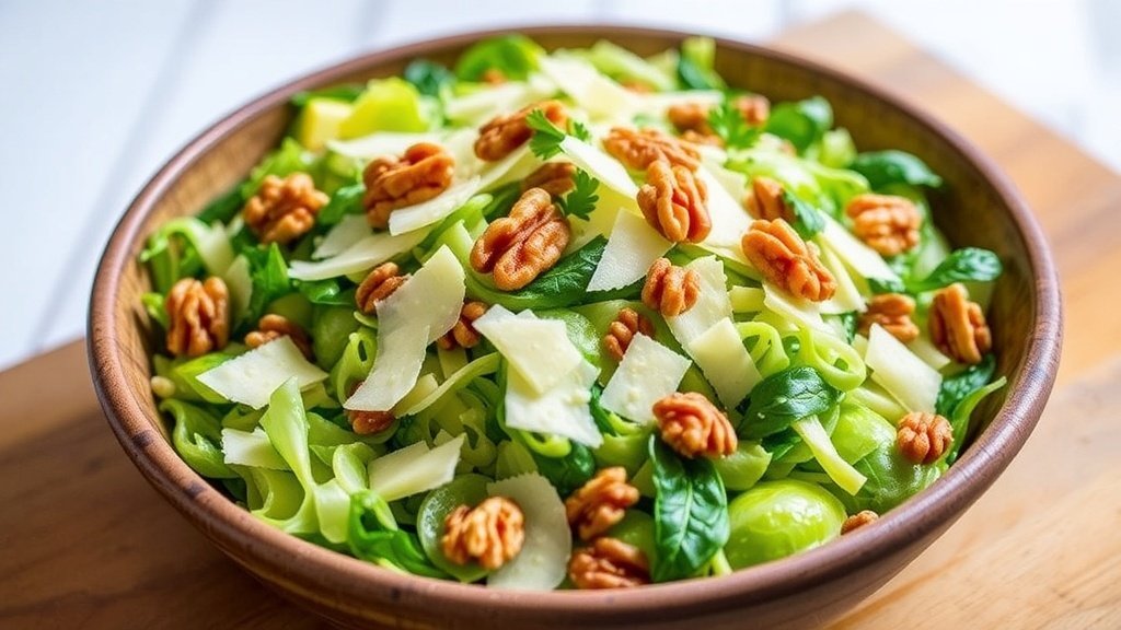 A fresh Shaved Brussels Sprout Salad with Parmesan cheese and walnuts, served in a rustic bowl on a wooden table.