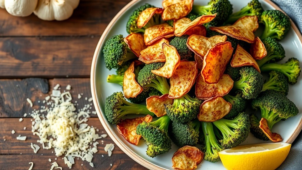 Roasted broccoli with garlic chips and Parmesan cheese on a rustic table.