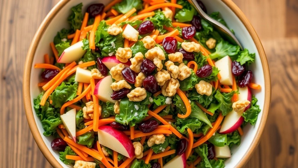 A colorful bowl of kale and apple slaw with walnuts and cranberries, perfect for Thanksgiving.