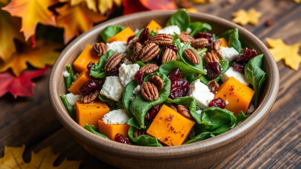Harvest salad with roasted squash, goat cheese, cranberries, and pecans in a rustic bowl.