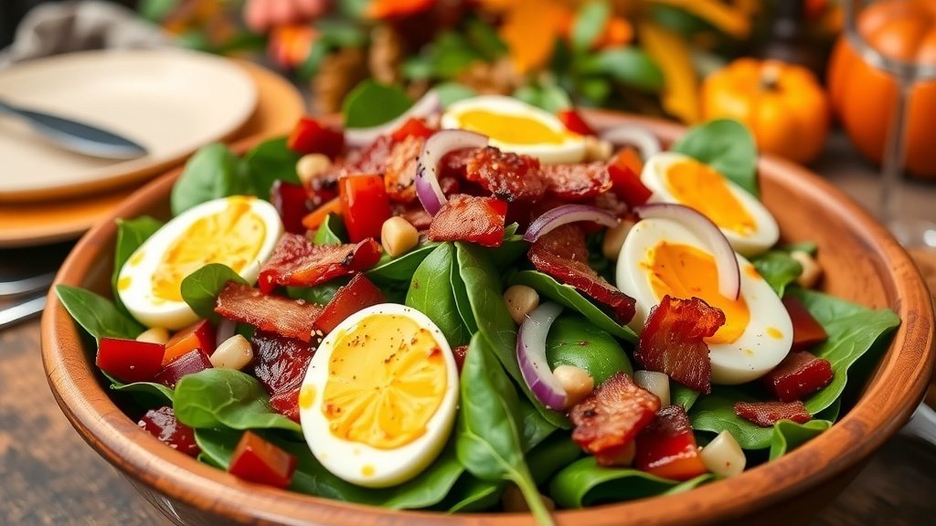 Warm spinach salad with bacon, red onion, and hard-boiled eggs on a rustic table.