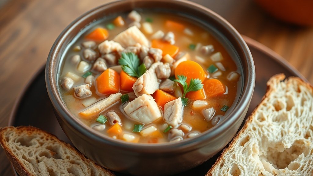 A hearty bowl of turkey and wild rice soup with carrots and parsley on a rustic table with bread.