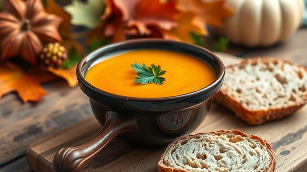 A bowl of creamy pumpkin bisque garnished with parsley, served with bread on a rustic table.
