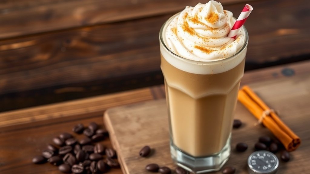 A delicious Cinnamon Sugar Iced Coffee Shake in a glass with whipped cream and cinnamon sugar on top, surrounded by coffee beans.