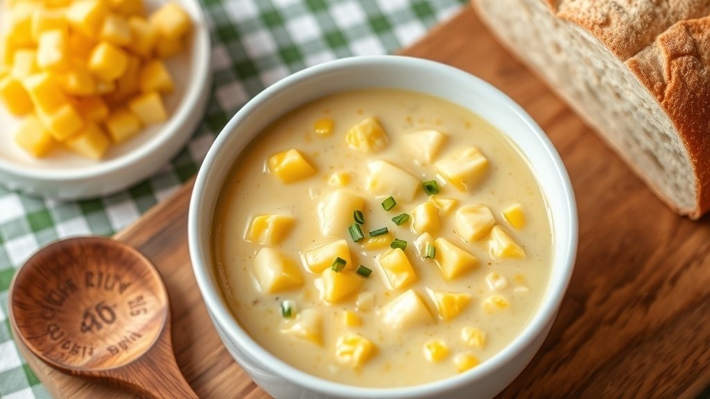 A bowl of creamy sweet corn chowder with corn and potatoes, garnished with chives, on a rustic table with bread.