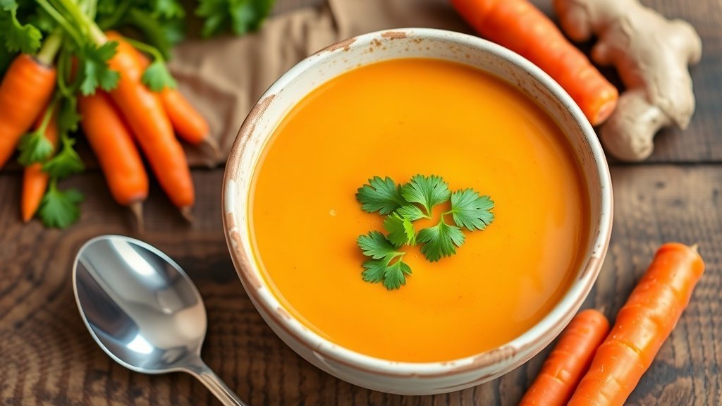 A bowl of creamy carrot ginger soup garnished with cilantro on a rustic table.