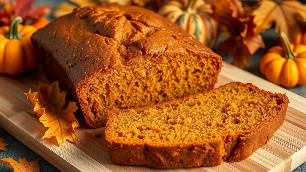 A rustic loaf of pumpkin bread on a wooden board, surrounded by autumn decor.