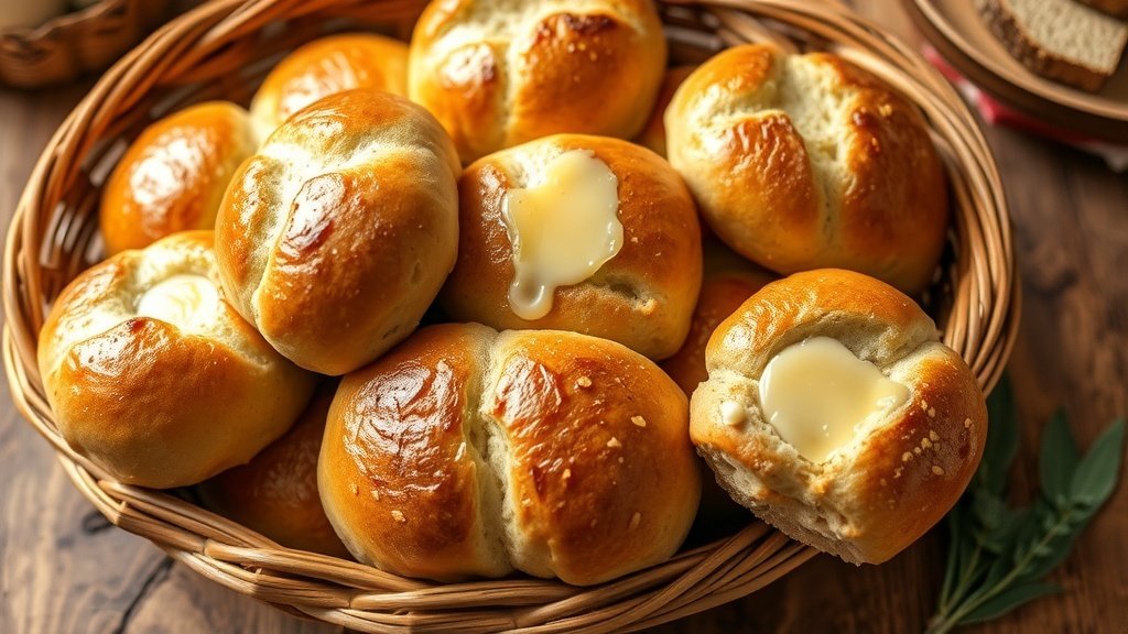 Freshly baked sage and onion dinner rolls in a basket, brushed with butter, on a wooden table.