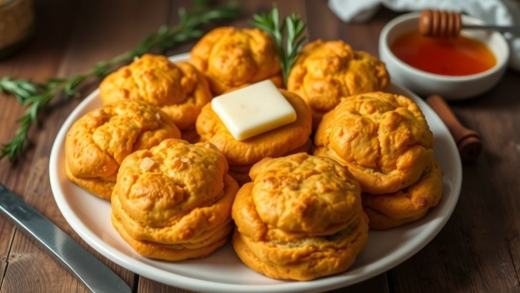 Fluffy sweet potato biscuits on a plate with melted butter, honey, and rosemary.