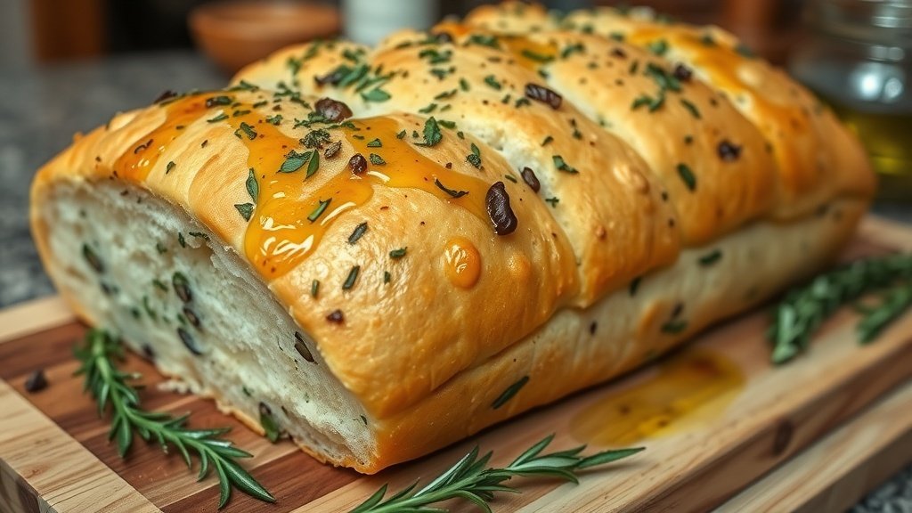 Golden brown herb focaccia bread with dimples and herbs on a wooden cutting board.