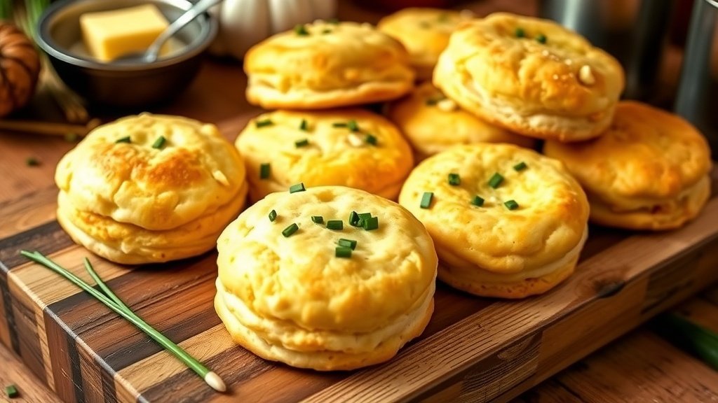Freshly baked cheddar chive biscuits on a wooden board with butter and chives.