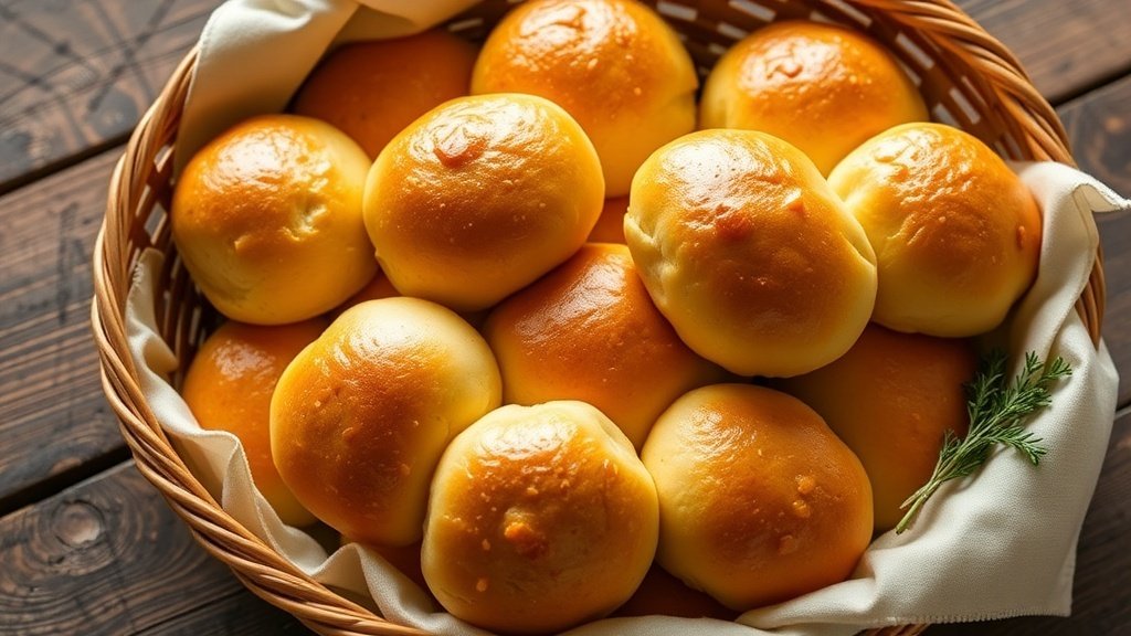 A basket of golden Cornmeal Parker House Rolls with melted butter on a wooden table.
