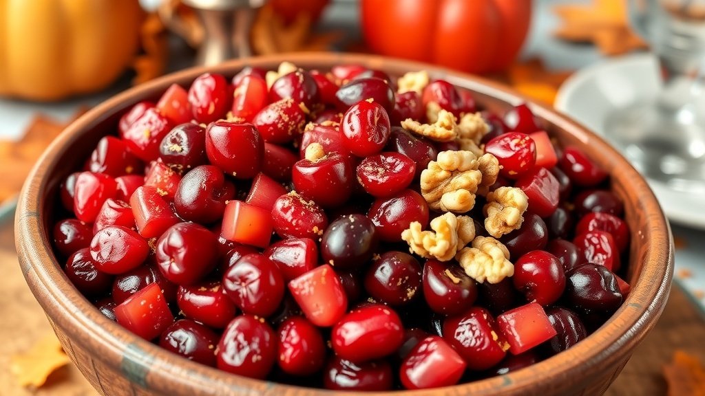 A bowl of spiced cranberry relish with cranberries and orange zest, garnished with walnuts, on a Thanksgiving table.