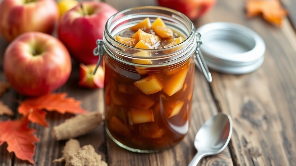 A jar of spiced apple chutney with ginger surrounded by fresh apples and autumn leaves on a wooden table.