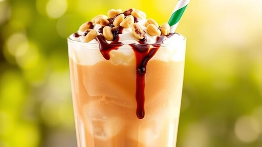 A glass of iced coffee with peanut butter, topped with whipped cream and peanuts, on a sunny table.
