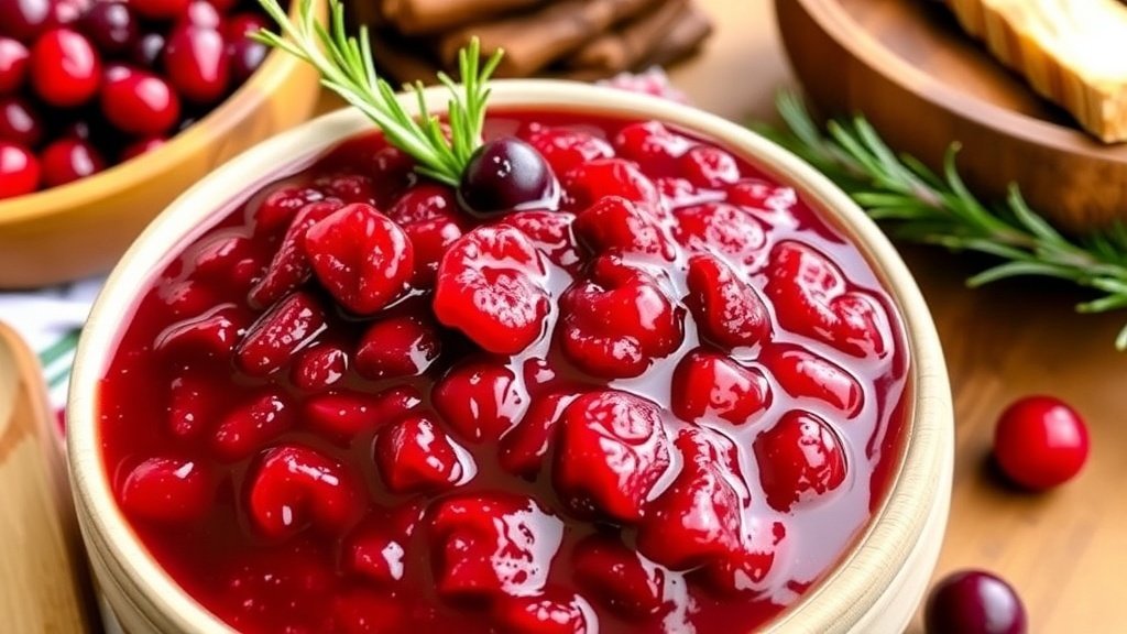 A bowl of bourbon cranberry sauce garnished with cranberries and rosemary, on a Thanksgiving table.