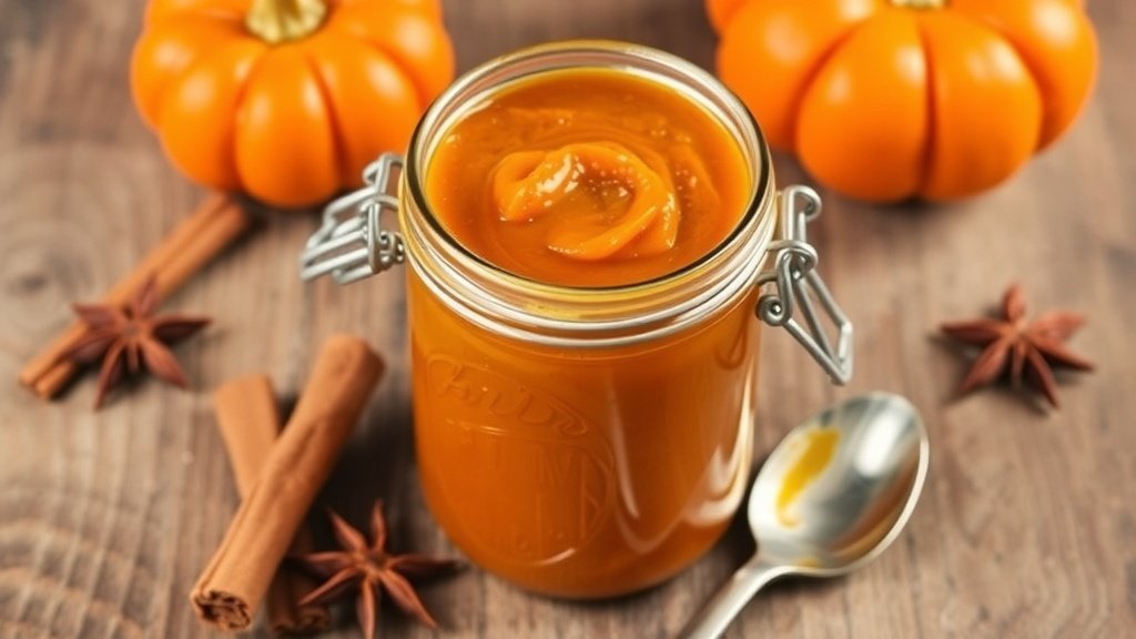 A jar of pumpkin butter with cinnamon sticks and a small pumpkin on a wooden table.