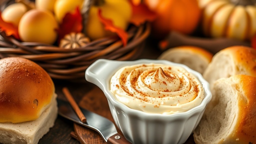 Creamy honey cinnamon whipped butter in a dish, surrounded by warm rolls on a Thanksgiving table.