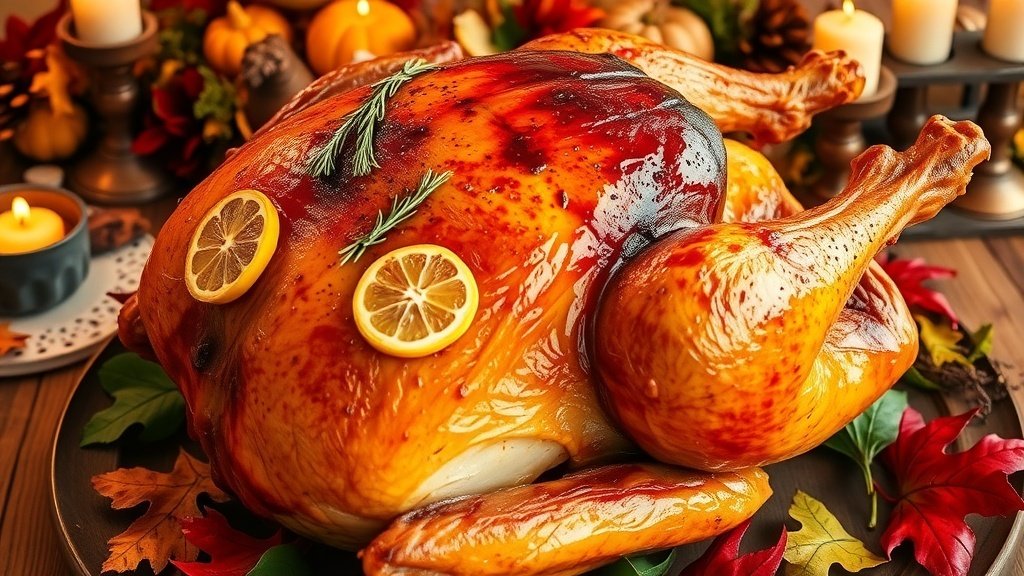 A golden-brown roasted turkey garnished with herbs and lemon, set on a rustic table for Thanksgiving.