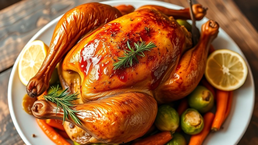 A golden-brown roasted chicken with lemon and herbs, served with seasonal vegetables on a wooden table.