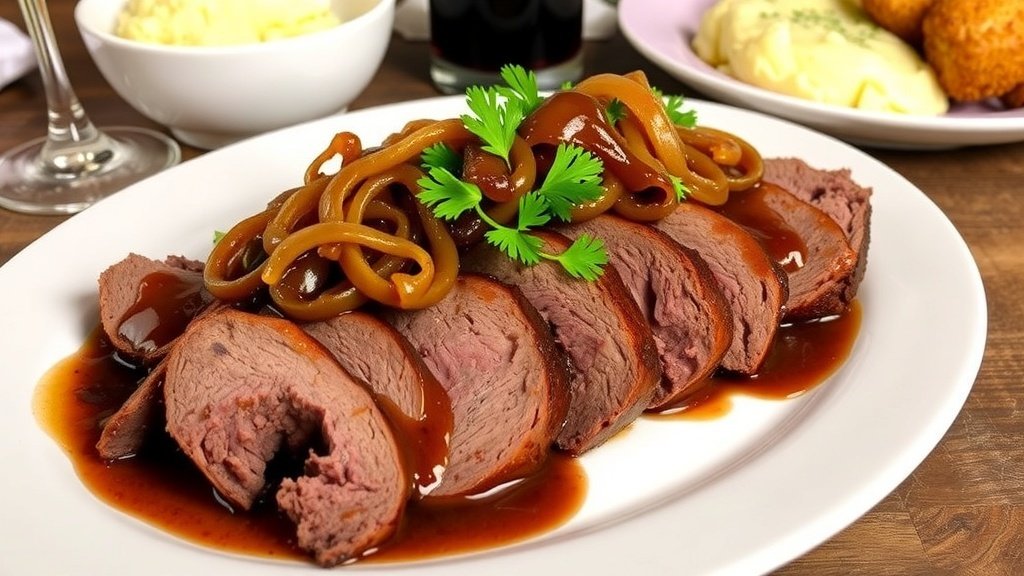 Sliced braised beef brisket with onions on a plate, garnished with parsley, served with mashed potatoes.