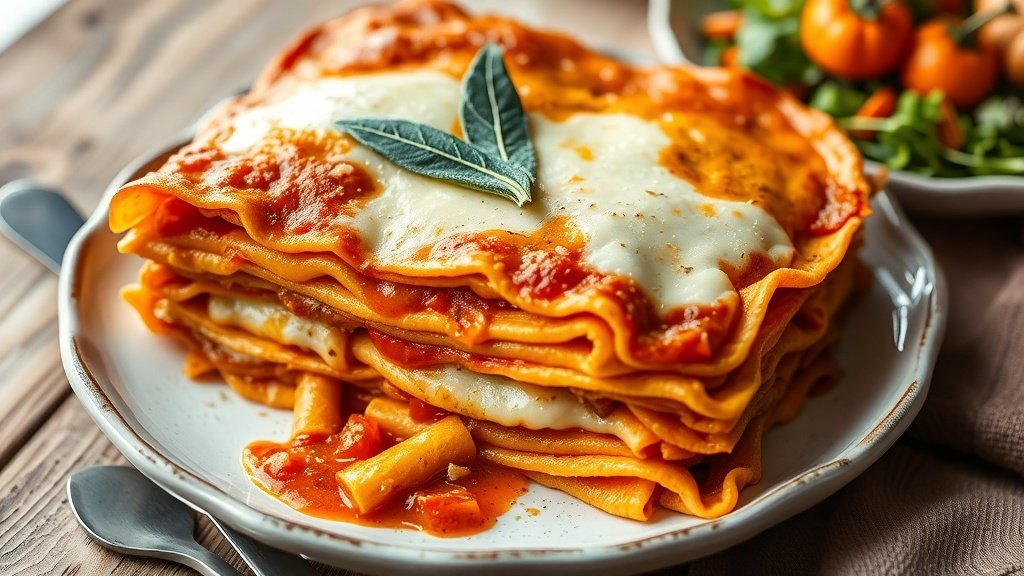 Pumpkin sage lasagna with layers of pumpkin filling and cheese, garnished with sage leaves on a rustic table.